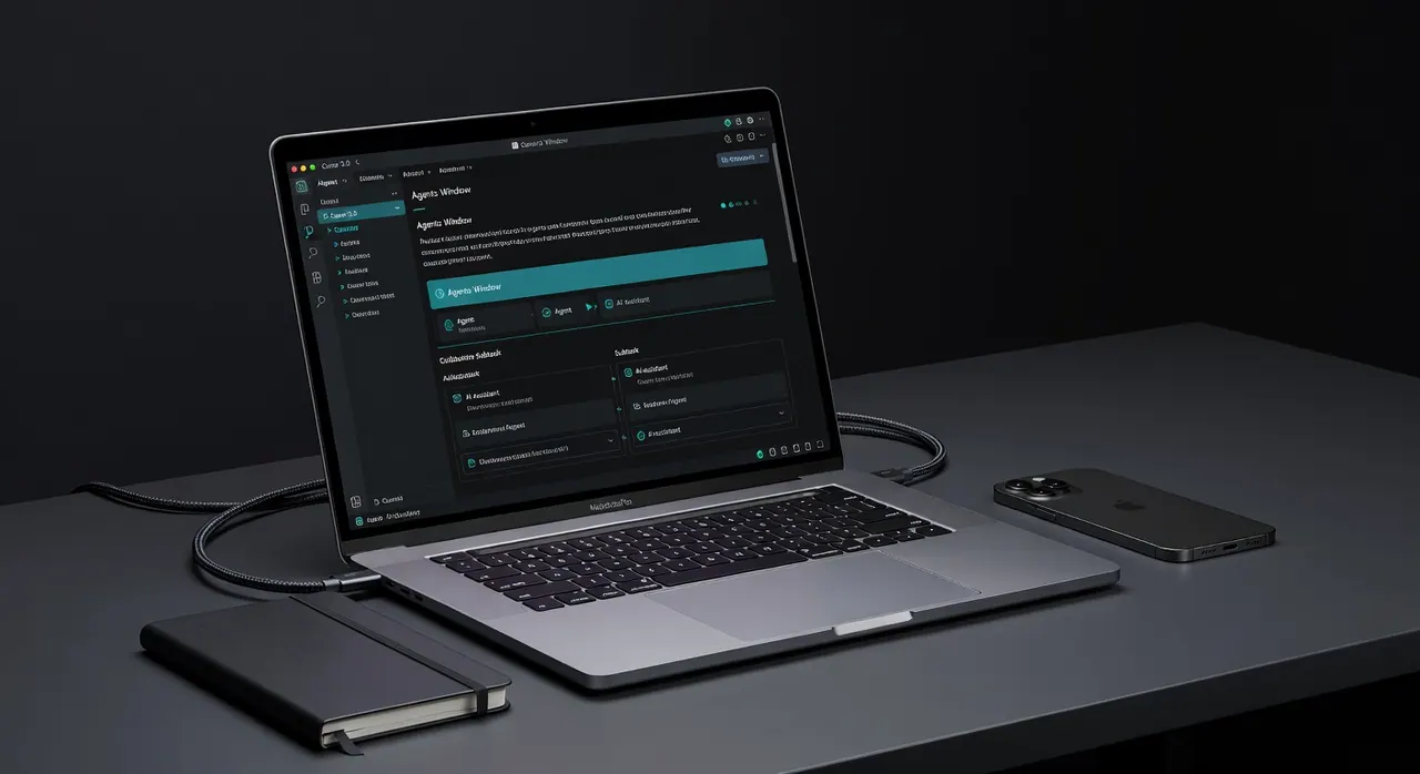 MacBook Pro screen showing Cursor 3.0 IDE with the Agents Window open for managing specialized AI agents in swarm orchestration during complex coding tasks and AI development.