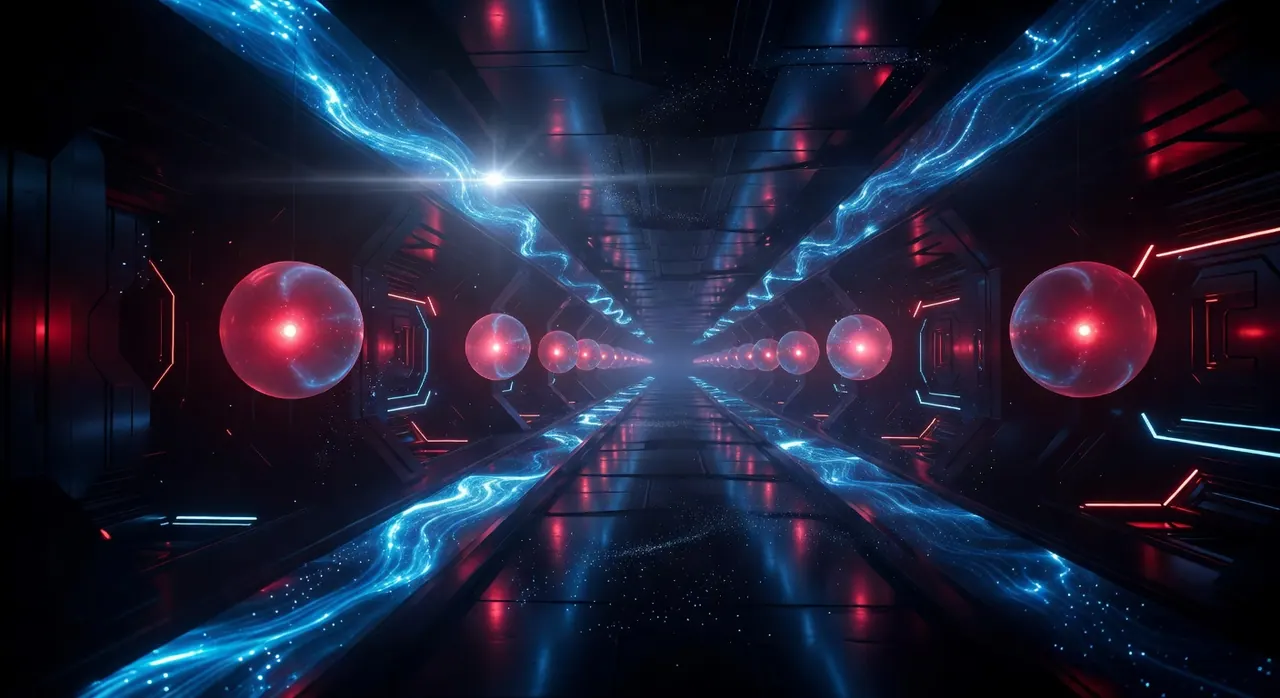 Translucent glowing orbs with steady crimson cores float aligned in a vast dark corridor of continuous sapphire energy streams stretching into infinity, volumetric lighting and moody futuristic atmosphere in a cinematic sci-fi scene.