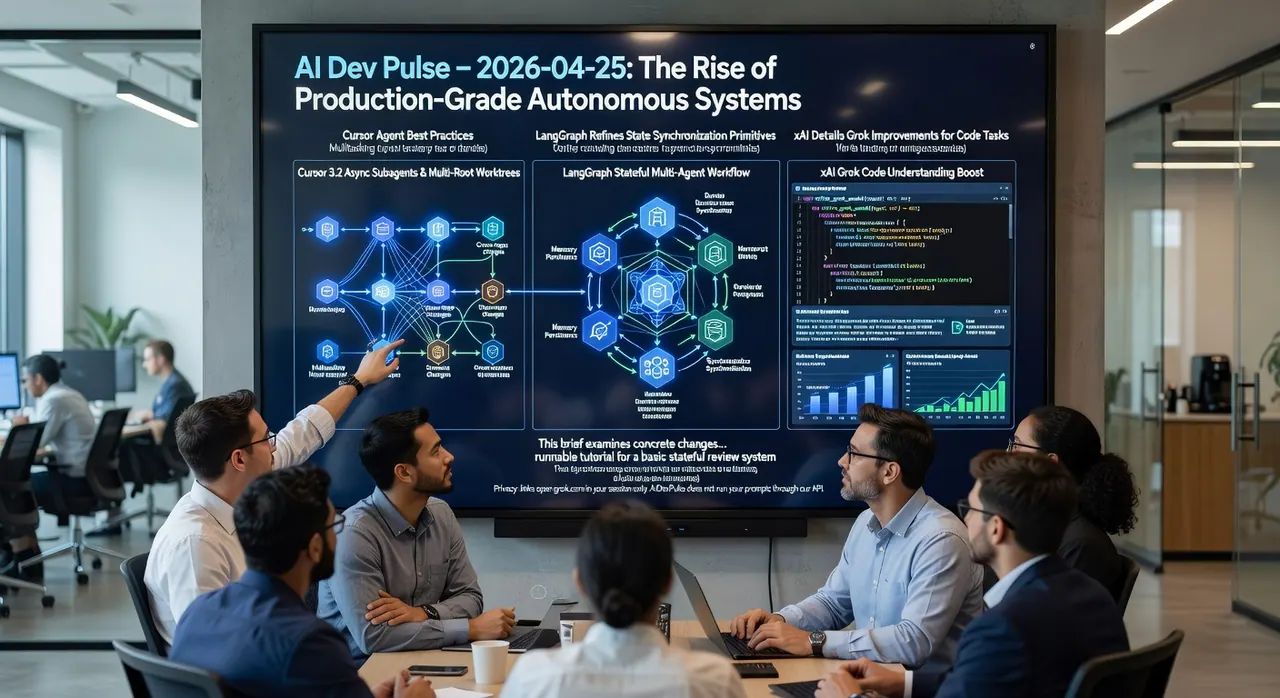 Abstract digital illustration of multi-agent AI systems and code workflows for the AI Dev Pulse edition dated 2026-04-25, covering updates to Cursor, LangGraph, and Grok.