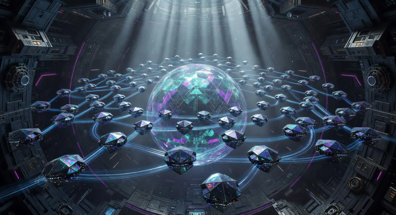 Swarm of luminous geometric AI agents with streaming light trails orbiting a massive rotating holographic core inside a vast futuristic cylindrical space station filled with volumetric blue and violet lighting, cinematic sci-fi environment.