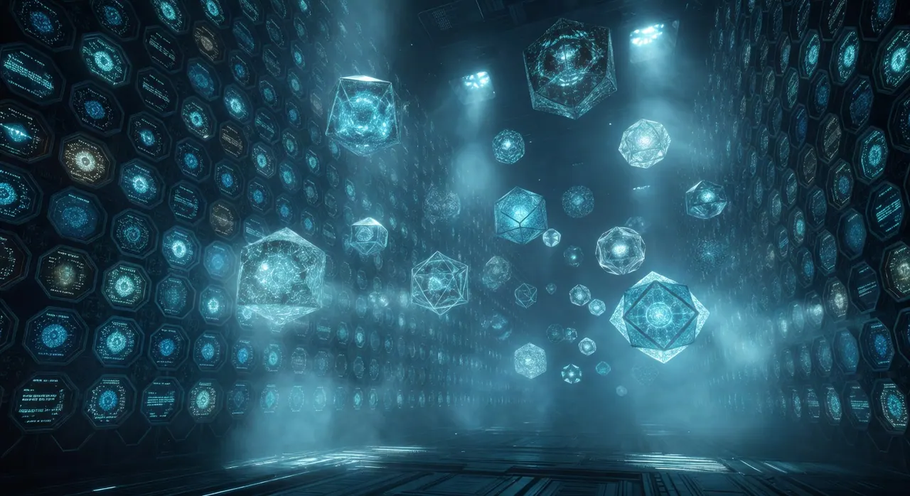 Luminous cyan polyhedra autonomously navigating a colossal misty vault with towering hexagonal conduits and glowing verification nodes, dramatic volumetric cyan lighting and deep navy shadows in a futuristic cybernetic structure.