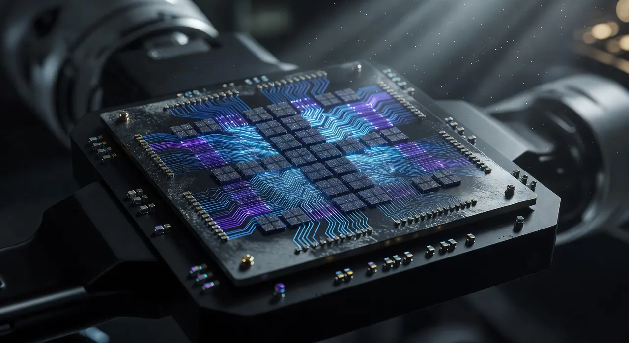 Macro photograph of an advanced FPGA silicon die with synchronized cyan light pulses flowing through spatial compiler pathways, integrated into robotic hardware for deterministic low-latency edge AI inference.