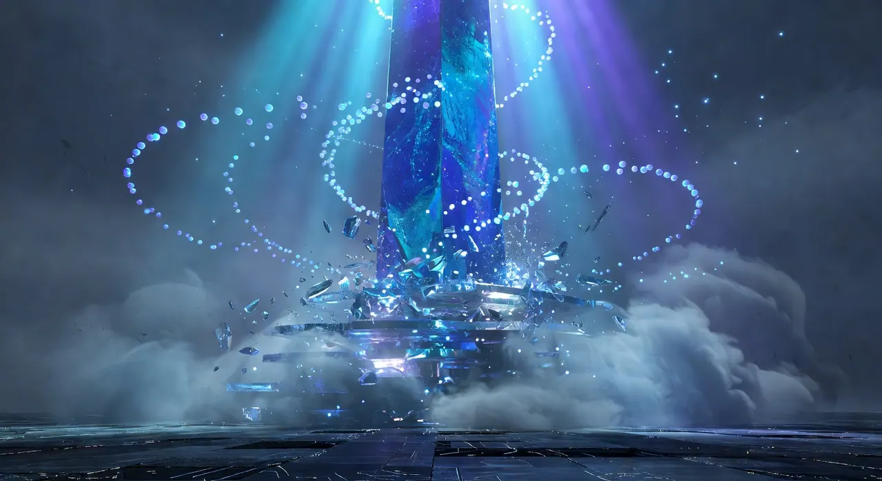 Low-angle cinematic view of a colossal iridescent sapphire obelisk breaking through shattered crystal barriers across a misty futuristic cyber plain, with spiraling autonomous light orbs and dramatic volumetric cyan lighting.