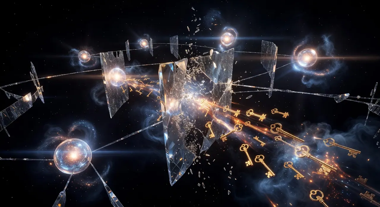 Glowing spheres navigate brittle crystalline barriers in a vast black void. One barrier is fractured, releasing a cascade of golden keys under dramatic blue and orange volumetric lighting in this cinematic render.