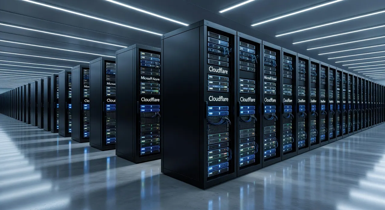 Data center server racks in rows under cool lighting, highlighting infrastructure for AI agent deployments and enterprise governance from Cloudflare and Microsoft.