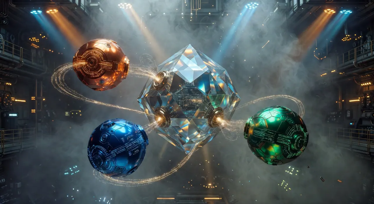 Cinematic sci-fi image of glowing copper, cobalt, and emerald metallic orbs linking into a large central crystalline polyhedron inside a foggy high-tech chamber with dramatic volumetric lighting and flowing golden data streams.