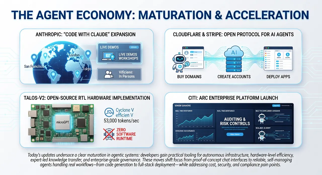 May 2026 AI dev news: Anthropic Claude conferences, Cloudflare-Stripe agent protocol, TALOS-V2 FPGA hardware, Citi Arc enterprise platform.
