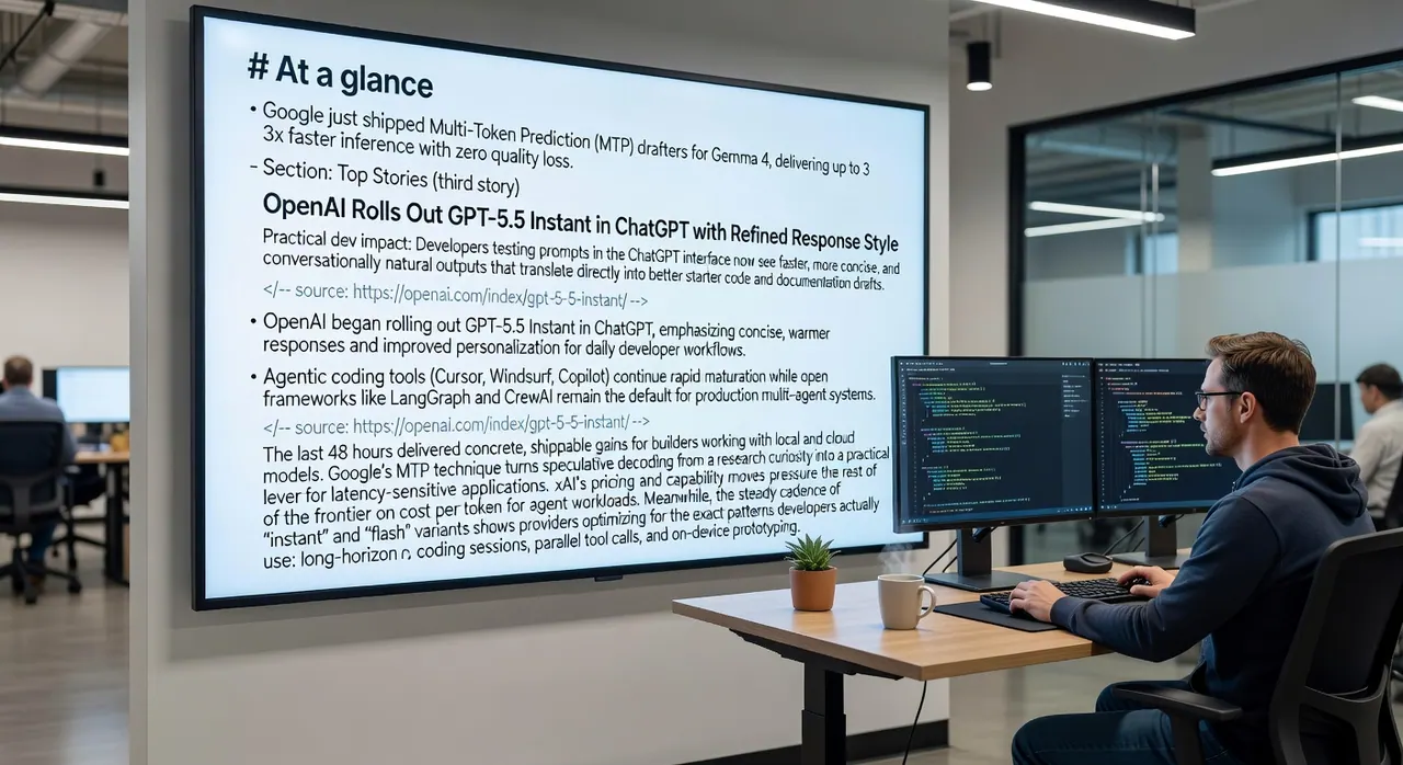 Google's Gemma 4 achieves 3x faster inference with Multi-Token Prediction drafters, shown with OpenAI's GPT-5.5 Instant rollout for AI developers in 2026
