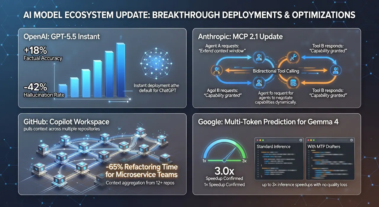 May 2026 AI developer news highlights: OpenAI GPT-5.5 Instant default, Anthropic MCP 2.1, GitHub Copilot multi-repository context, Google Gemma 4 3x inference.