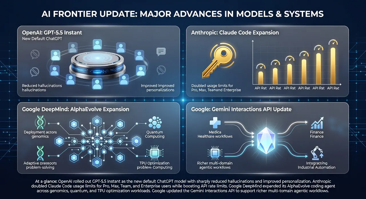 May 2026 AI news: OpenAI launches GPT-5.5 Instant as default ChatGPT model, Anthropic doubles Claude limits, Google expands AlphaEvolve and Gemini API.