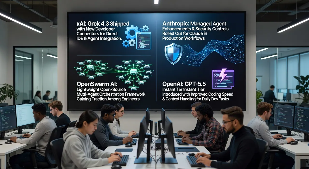 AI developer news cover showing Grok 4.3, Claude managed agents, and GPT-5.5 Instant enabling production agentic tooling with IDE integrations and open-source orchestration frameworks.