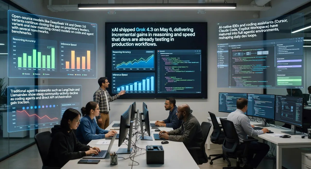Developers migrate from traditional AI agent frameworks like LangChain to direct orchestration and agentic IDEs such as Cursor and Copilot Workspace, driven by Grok 4.3 and open-source model parity on benchmarks.