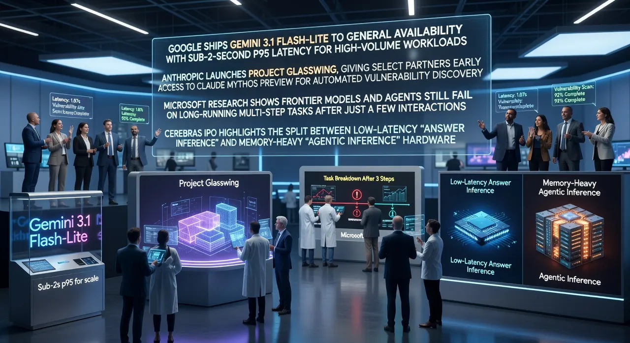 AI developer pulse image illustrating Gemini 3.1 Flash-Lite availability, Claude Mythos Preview access, limits of long-running agents, and Cerebras inference hardware split.