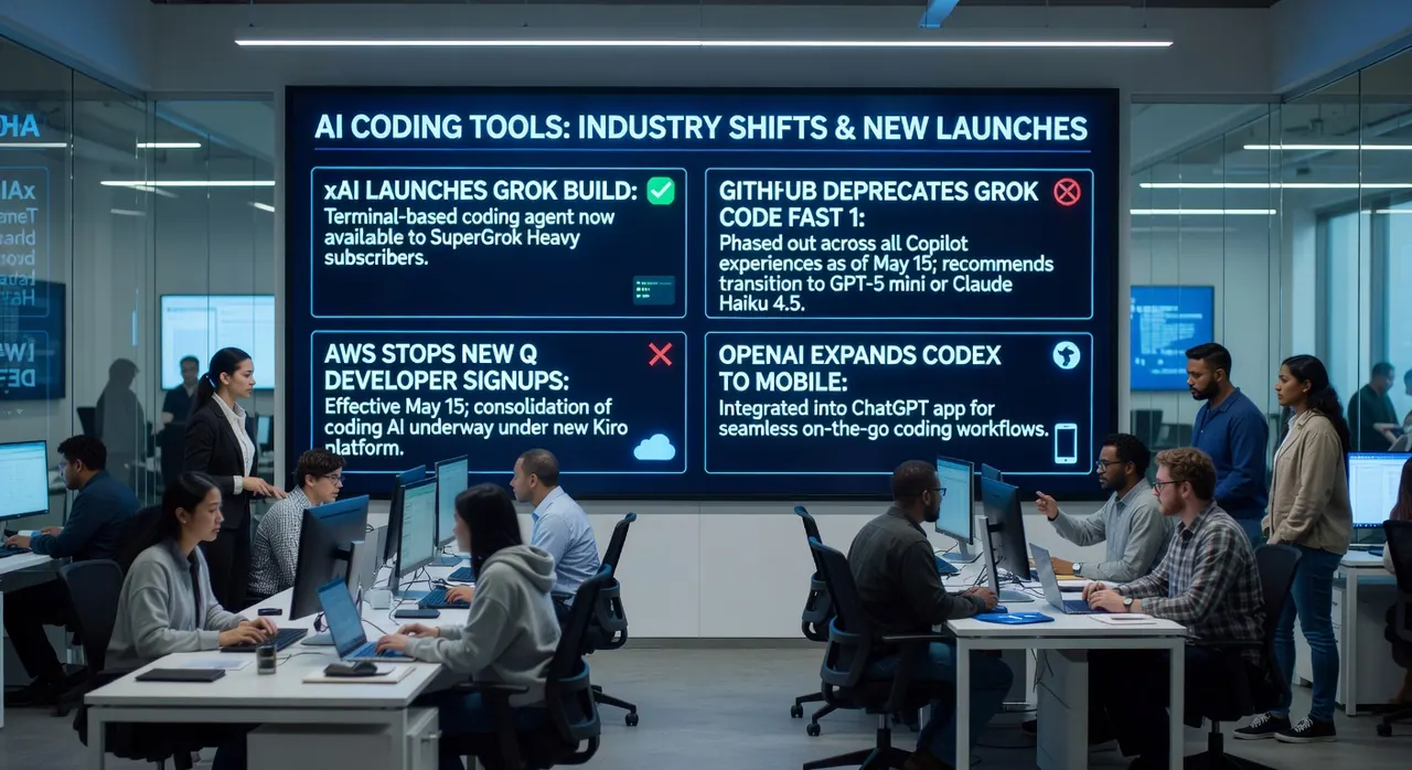 AI development updates graphic: xAI Grok Build terminal agent, GitHub retiring Grok Code Fast, AWS Kiro consolidation, OpenAI Codex mobile rollout