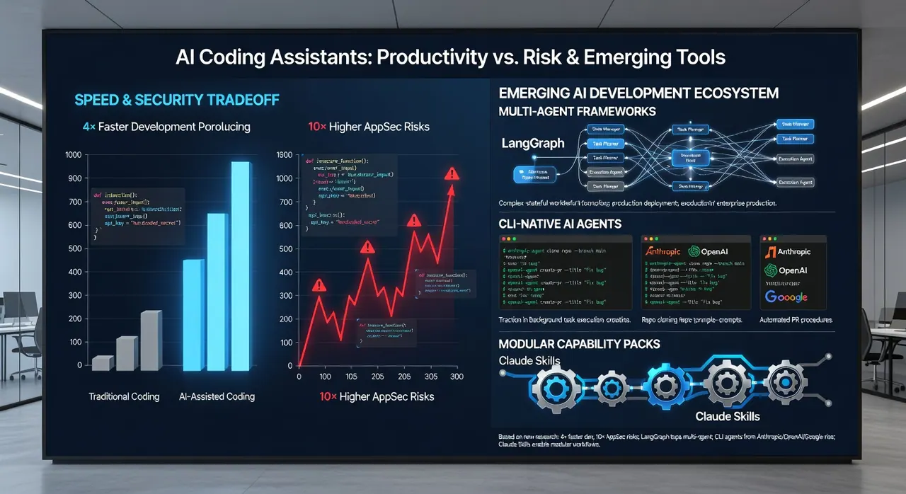 Visualizing AI coding assistants that speed development 4x but increase security risks 10x, highlighting LangGraph agents, CLI tools, and reusable skills in enterprise workflows.