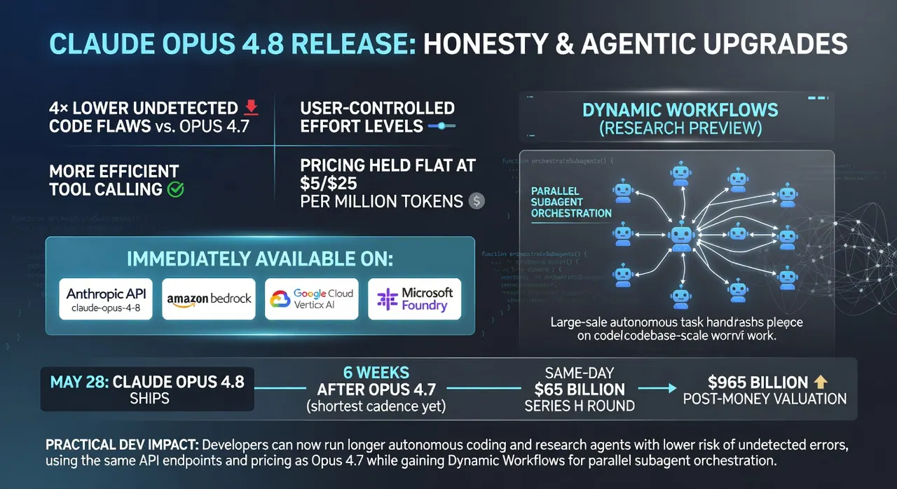 Anthropic releases Claude Opus 4.8 AI model with major gains in honesty, agentic reliability, Dynamic Workflows for parallel subagents, and flat $5/$25 pricing, backed by a $65 billion Series H round.