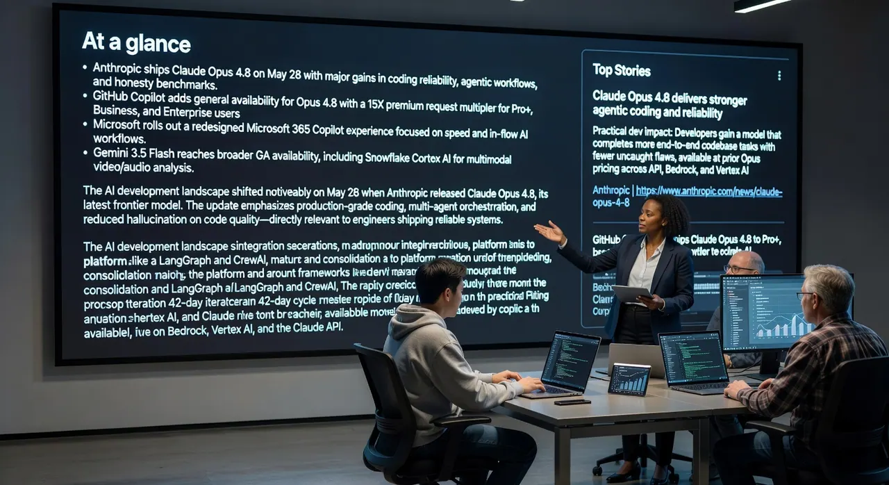 Claude Opus 4.8 enhances AI agentic coding and reliability with GitHub Copilot GA, Microsoft 365 Copilot redesign, and Gemini 3.5 Flash expansions in latest developer news.