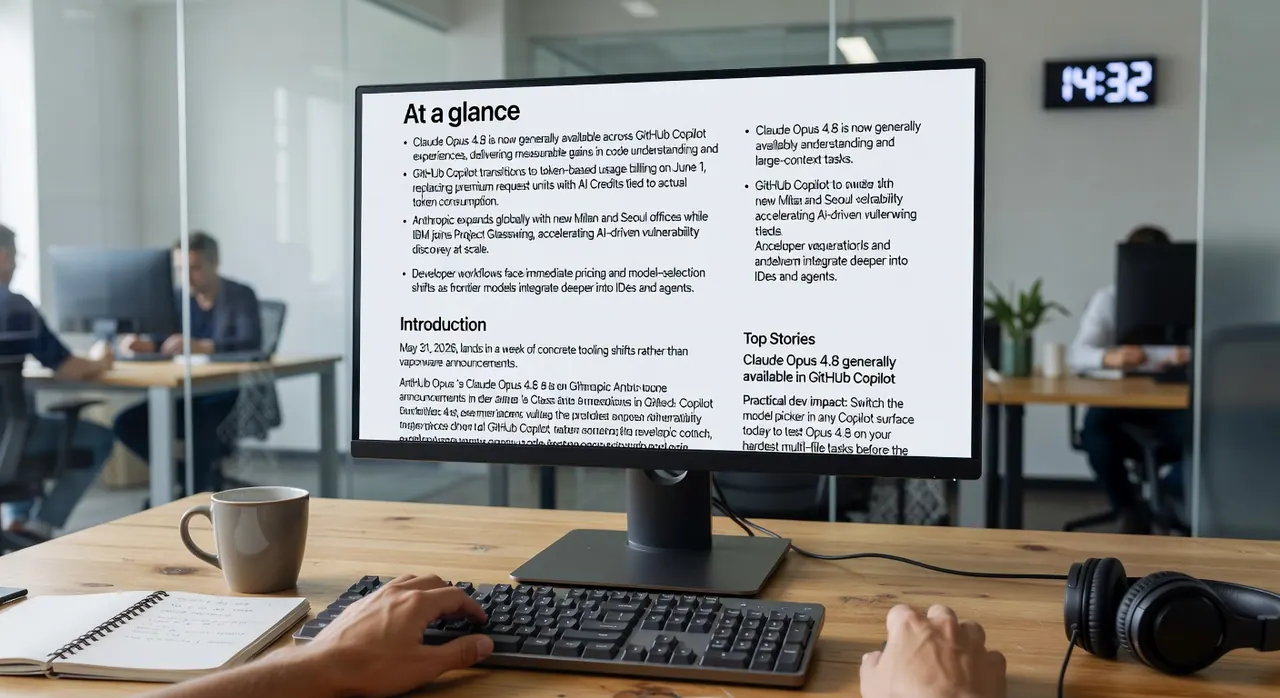 Claude Opus 4.8 rolls out in GitHub Copilot, token billing launches June 1, and Anthropic expands globally in this May 2026 AI developer news roundup