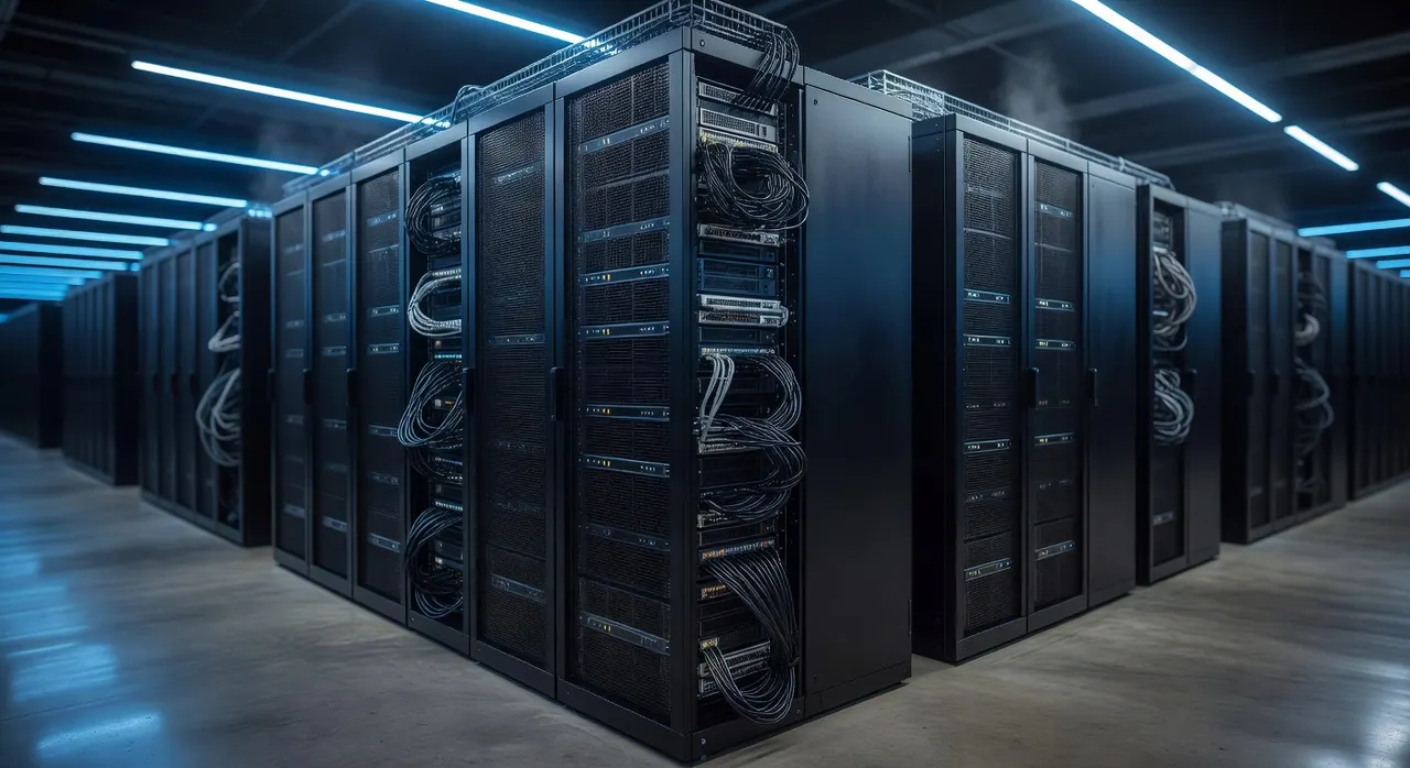 Server racks lined up in a data center with blue lighting and visible cabling, showcasing the hardware foundation for xAI Grok 4.3 and OpenAI Agents.