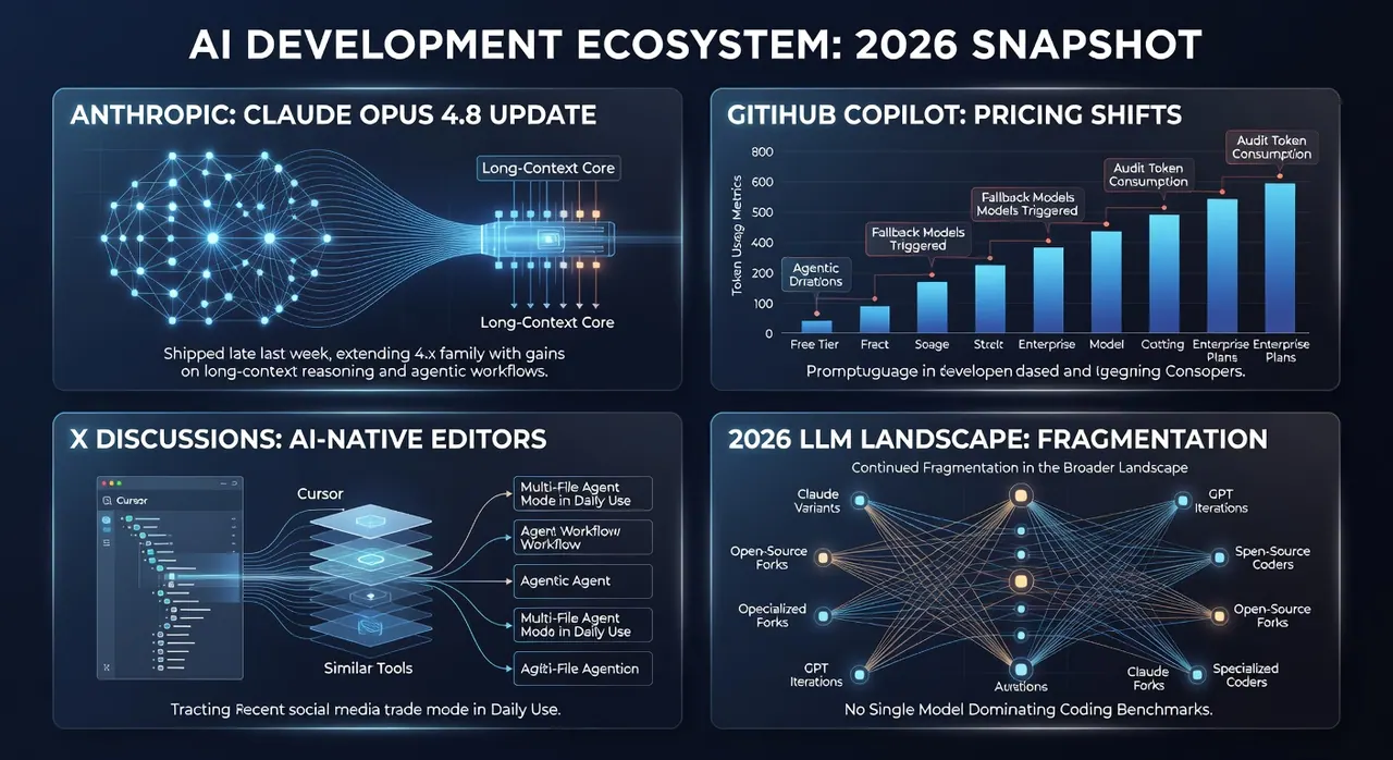 AI developers adapting to Claude Opus 4.8 advancements, GitHub Copilot usage-based pricing shifts, and growing adoption of AI-native editors like Cursor amid 2026 LLM fragmentation