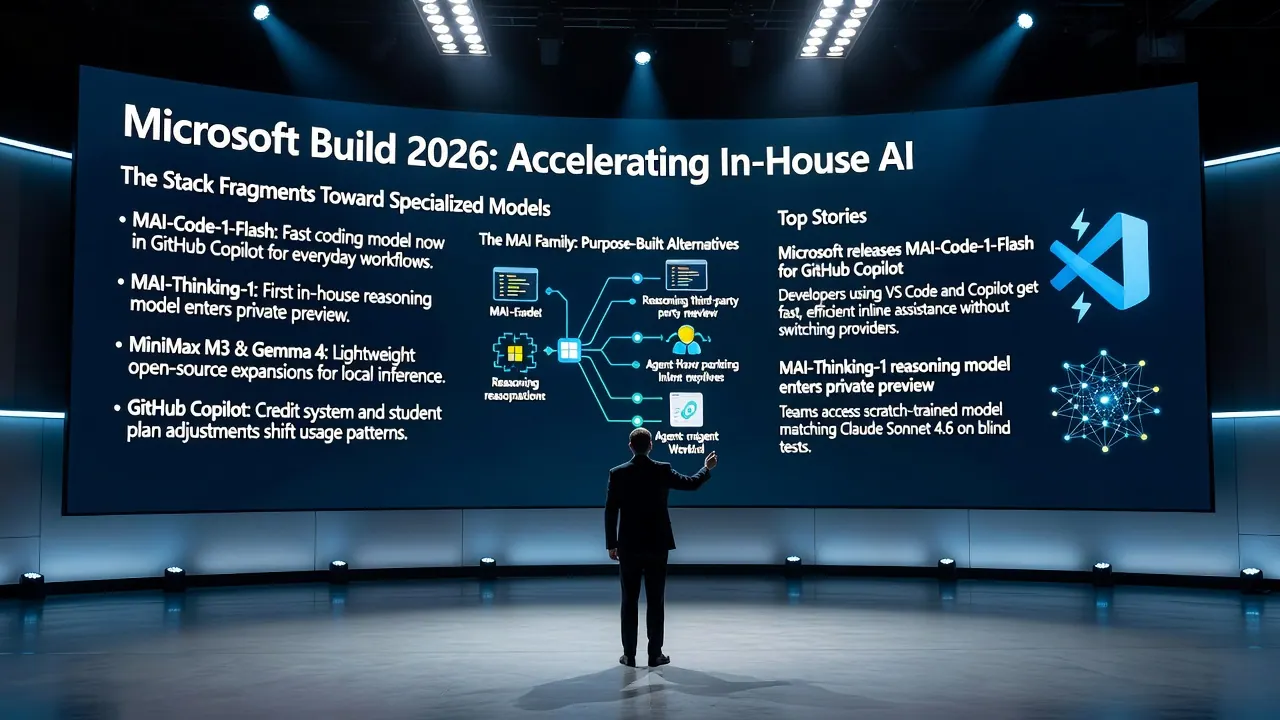 Microsoft's MAI-Code-1-Flash coding model integrates with GitHub Copilot while MAI-Thinking-1 reasoning model enters private preview alongside MiniMax M3 and Gemma 4 updates for developers.