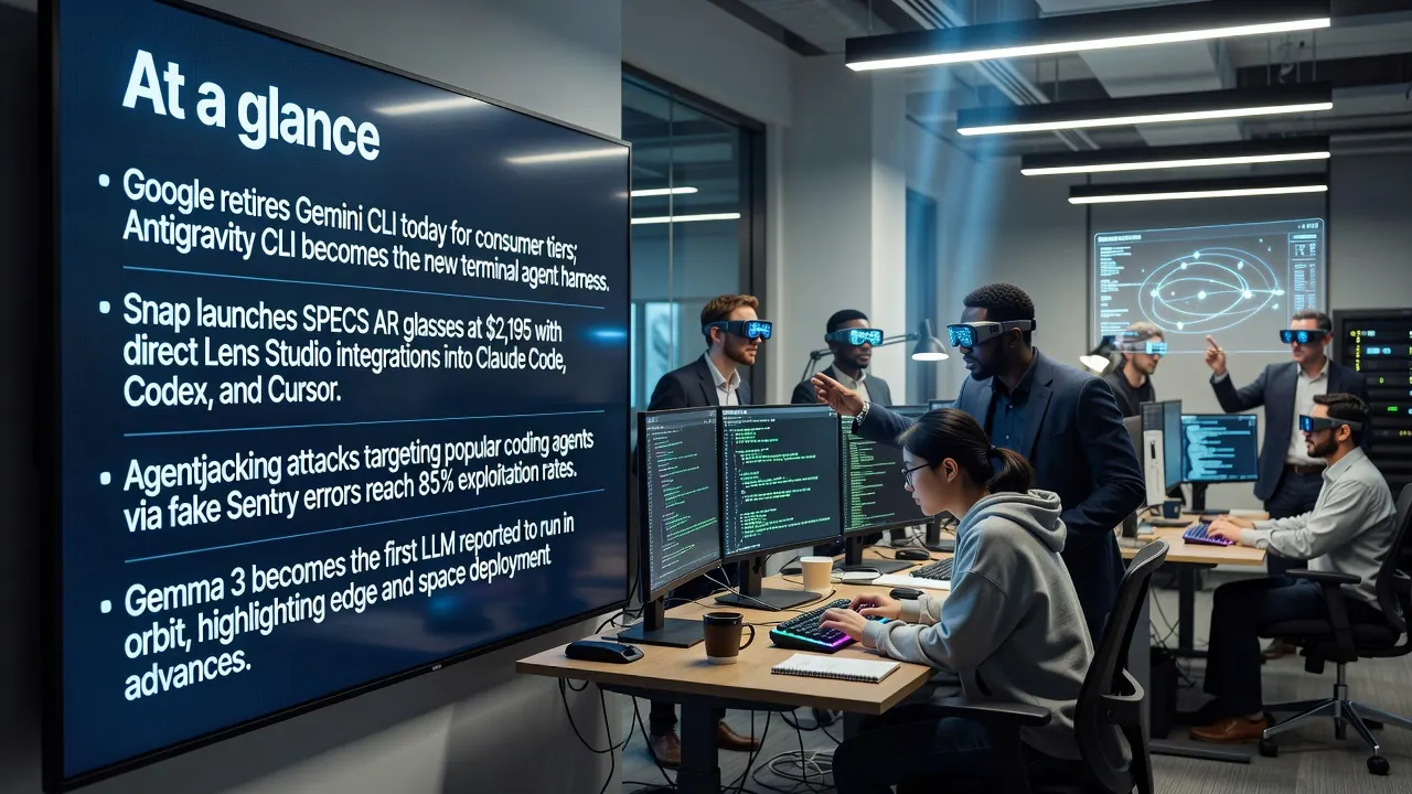 Developers migrate from retired Gemini CLI to Antigravity CLI while Snap launches SPECS AR glasses and Gemma 3 operates in orbit amid rising agentjacking threats.