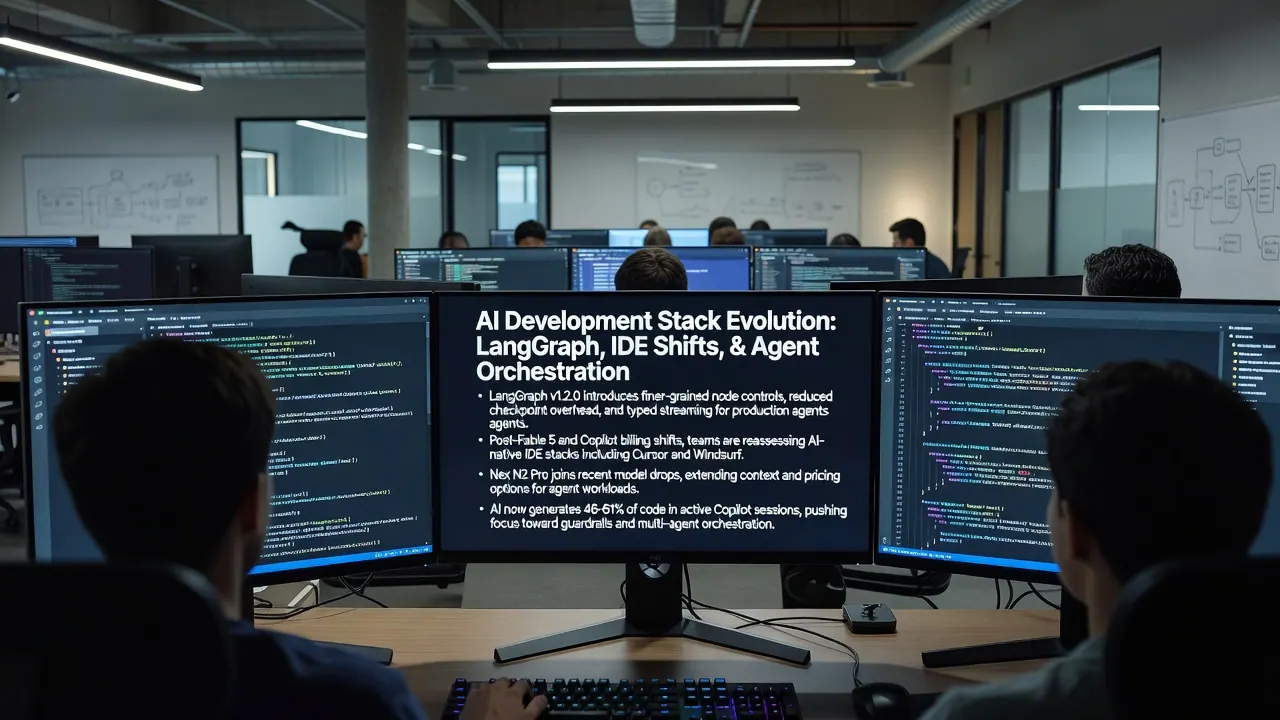 Visual overview of LangGraph v1.2.0 refinements for production agents, featuring node controls, checkpoint optimizations, and typed streaming alongside IDE stack changes and new AI model releases.