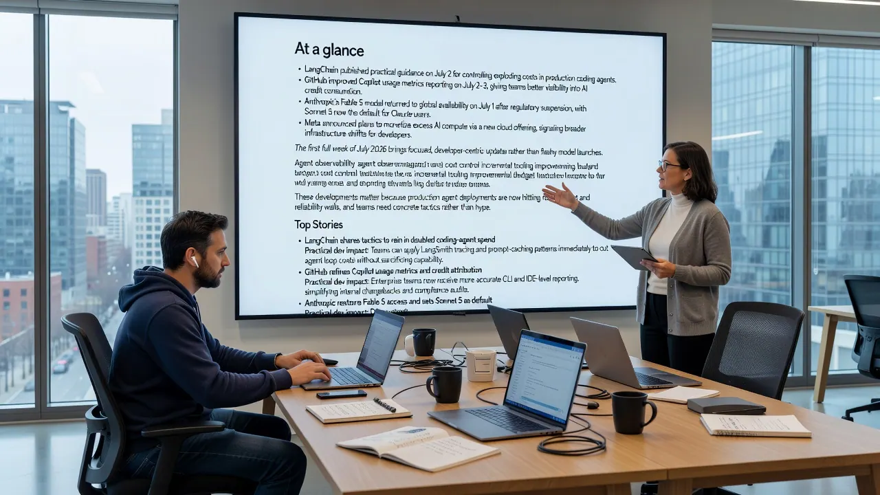 Early July 2026 AI updates: LangChain coding agent costs, GitHub Copilot metrics, Anthropic Fable 5 availability, Meta compute cloud plans.