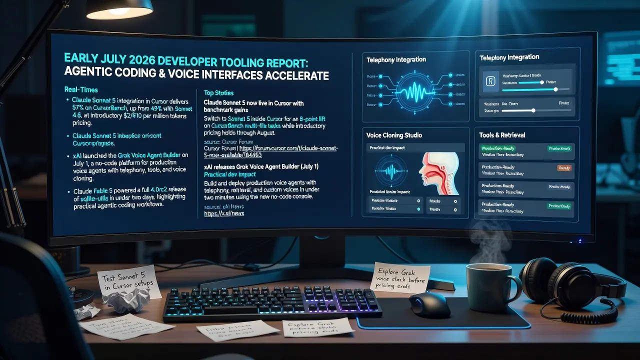 July 2026 AI updates: Claude Sonnet 5 hits 57% on CursorBench in Cursor, xAI Grok Voice Agent Builder released, and Claude Fable 5 powers sqlite-utils 4.0rc2