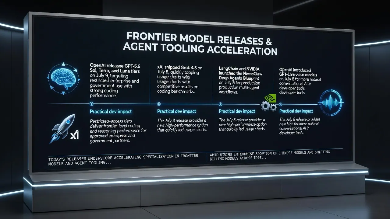 Illustration of recent AI releases including OpenAI GPT-5.6 tiers, xAI Grok 4.5, NemoClaw Deep Agents blueprint, and GPT-Live voice models in July 2026