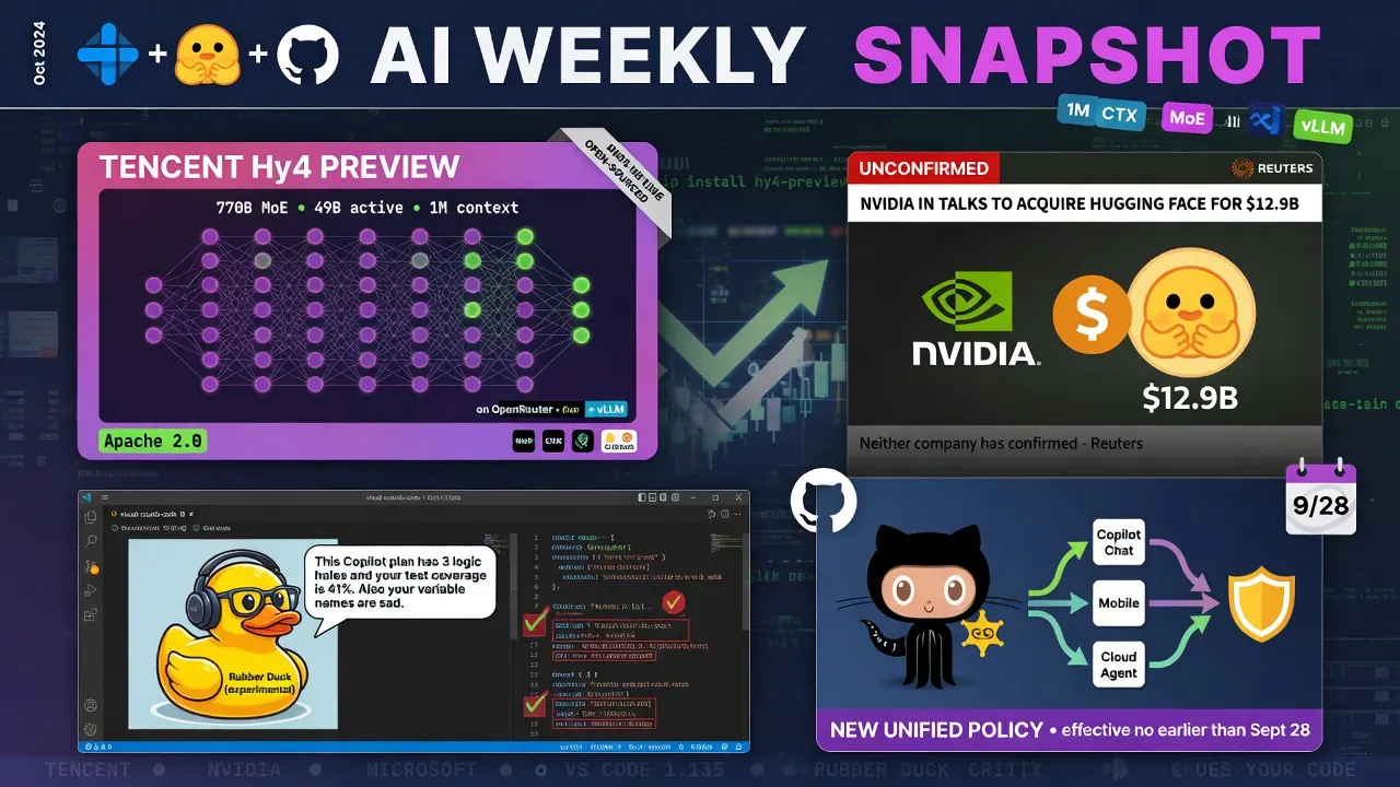 Tencent Hy4 open-source coding model, rumored Nvidia Hugging Face acquisition, and GitHub Copilot agent updates in one news cycle