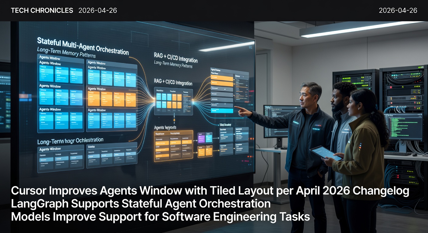 Digital illustration of tiled AI agent windows from Cursor, interconnected with LangGraph nodes for state management, alongside code for multi-agent workflows.