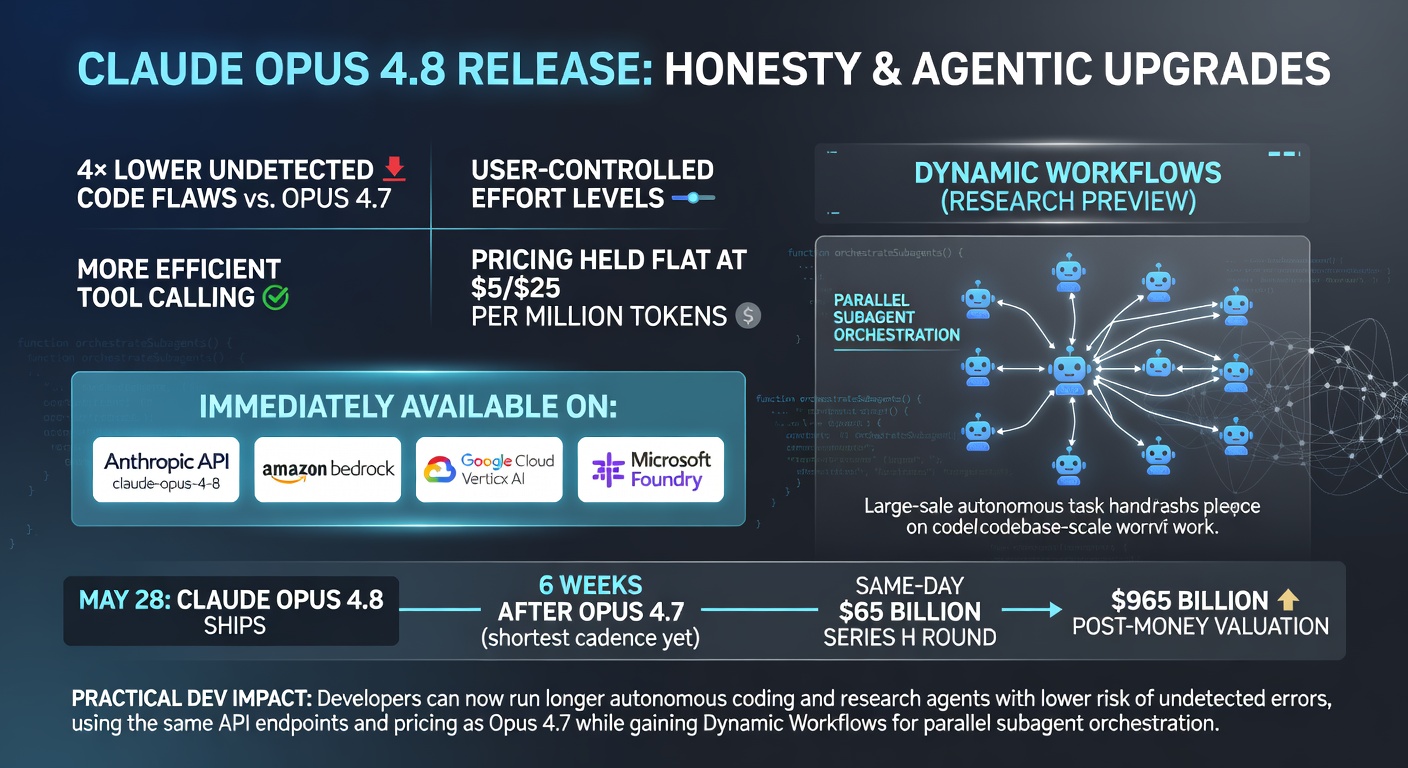 Anthropic releases Claude Opus 4.8 AI model with major gains in honesty, agentic reliability, Dynamic Workflows for parallel subagents, and flat $5/$25 pricing, backed by a $65 billion Series H round.
