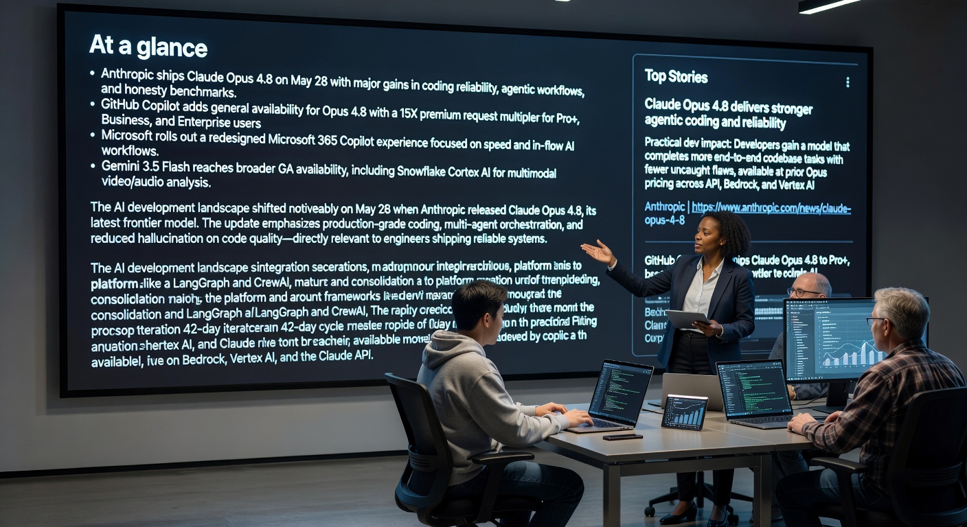 Claude Opus 4.8 enhances AI agentic coding and reliability with GitHub Copilot GA, Microsoft 365 Copilot redesign, and Gemini 3.5 Flash expansions in latest developer news.