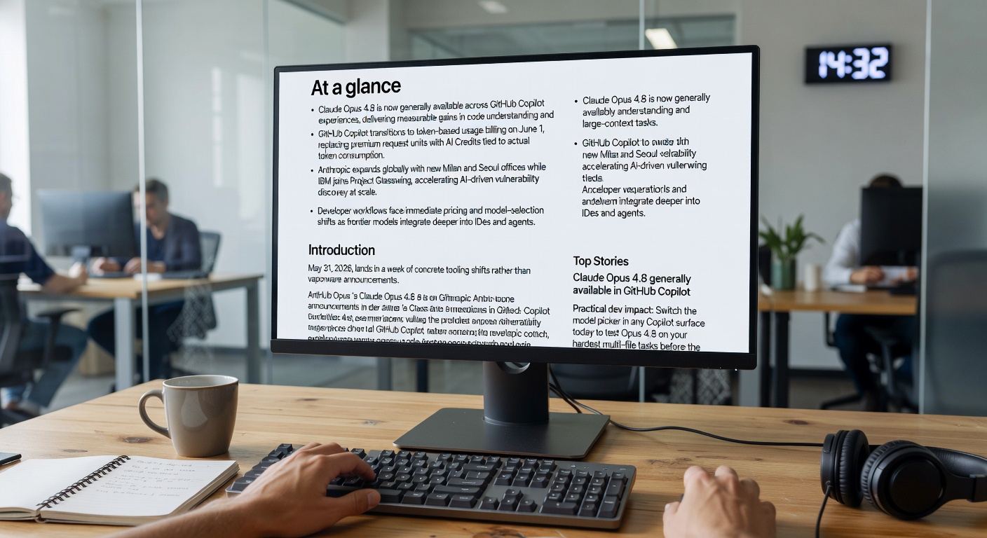 Claude Opus 4.8 rolls out in GitHub Copilot, token billing launches June 1, and Anthropic expands globally in this May 2026 AI developer news roundup