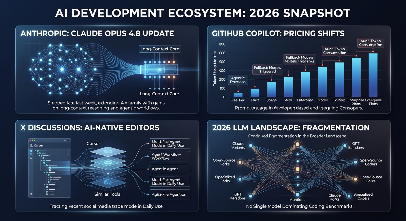 AI developers adapting to Claude Opus 4.8 advancements, GitHub Copilot usage-based pricing shifts, and growing adoption of AI-native editors like Cursor amid 2026 LLM fragmentation