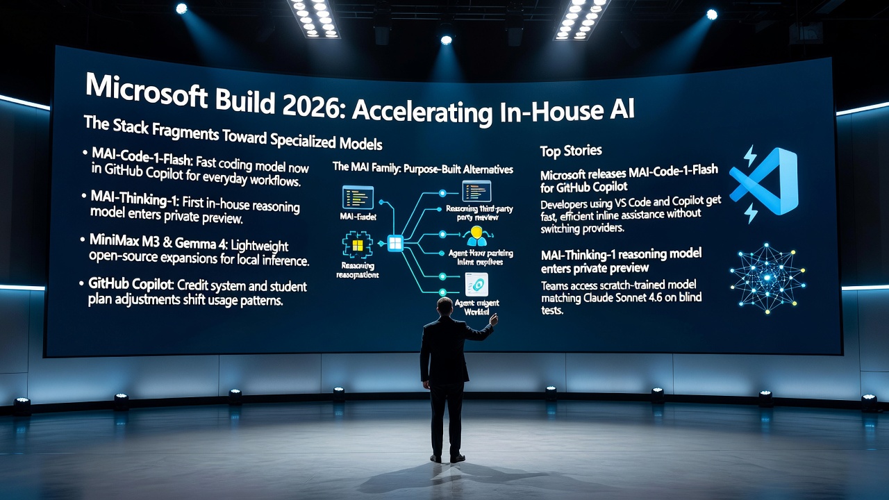 Microsoft's MAI-Code-1-Flash coding model integrates with GitHub Copilot while MAI-Thinking-1 reasoning model enters private preview alongside MiniMax M3 and Gemma 4 updates for developers.