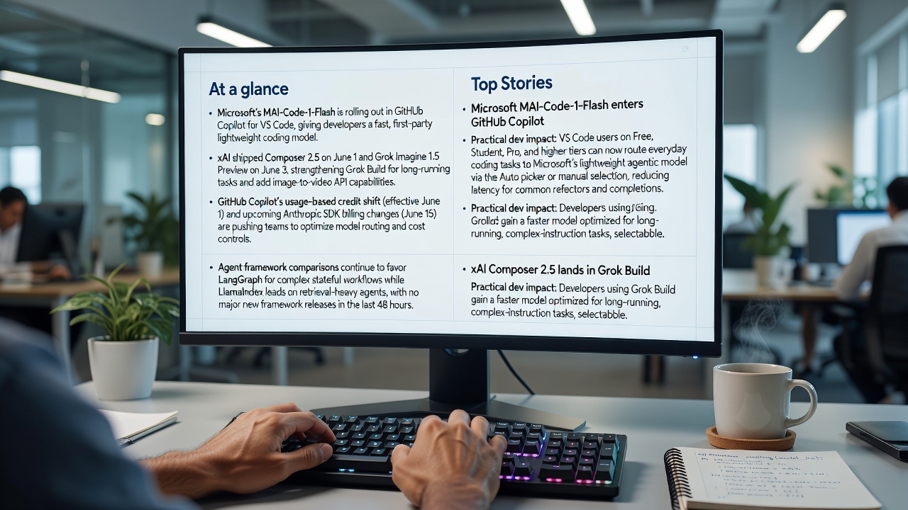 Microsoft MAI-Code-1-Flash integrates into GitHub Copilot for VS Code alongside xAI Composer 2.5 and Grok Imagine 1.5, showing new AI coding models and agent tools for developers.