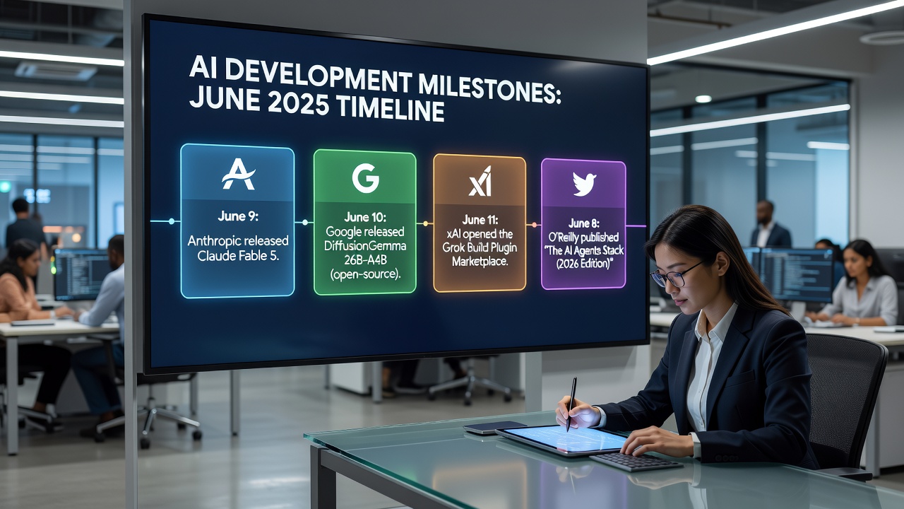 Visual overview of June 2026 AI developments: Claude Fable 5 for agents, open-source DiffusionGemma 26B, Grok plugin marketplace, and the AI agents production stack.