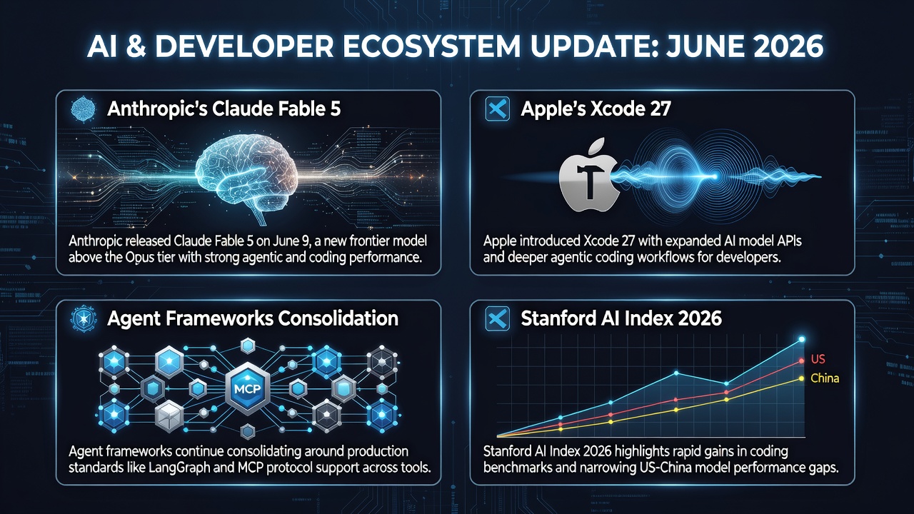 Visual overview of 2026 AI developer trends with agentic workflows, Claude Fable 5 release, Xcode 27 updates, and agent framework consolidation around MCP.