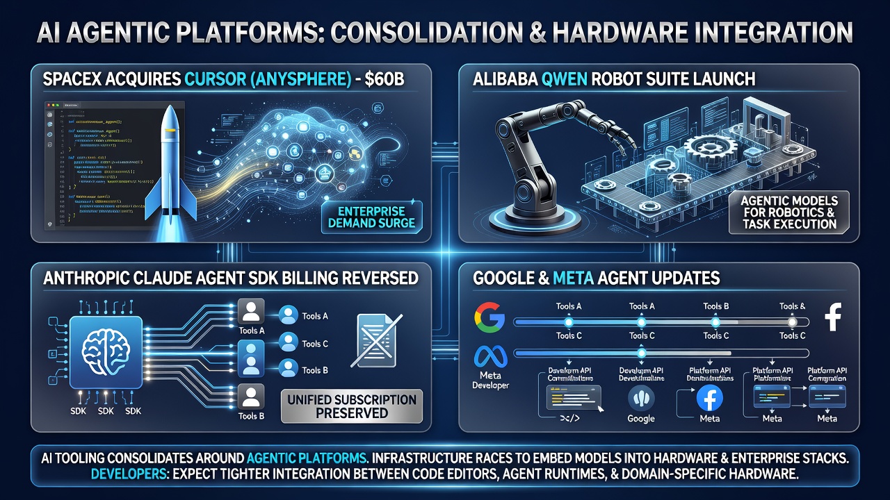 Visual summary of AI industry consolidation around agentic platforms, featuring SpaceX acquiring Cursor for $60B, Alibaba Qwen Robot Suite, Anthropic SDK updates, and developer workflow changes from Google and Meta.