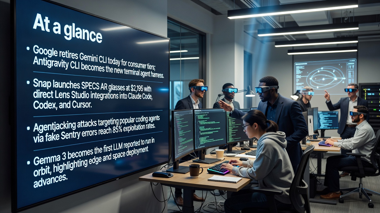 Developers migrate from retired Gemini CLI to Antigravity CLI while Snap launches SPECS AR glasses and Gemma 3 operates in orbit amid rising agentjacking threats.