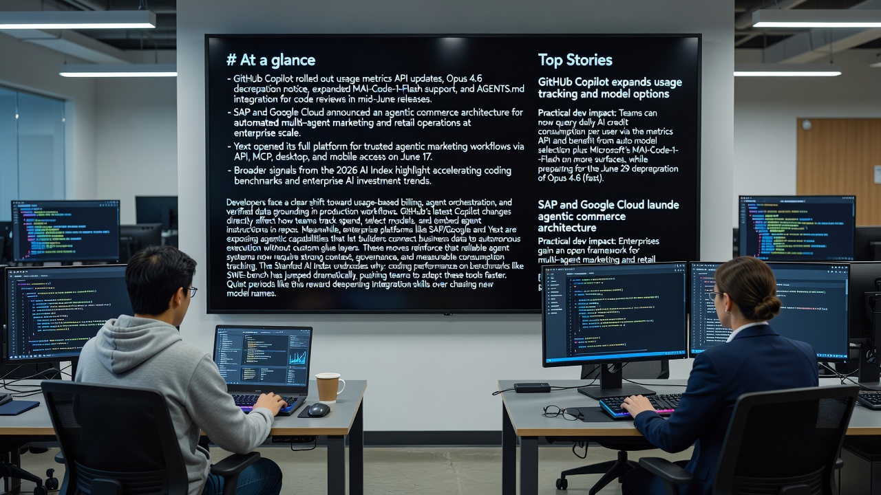 GitHub Copilot usage metrics API updates with daily AI credit tracking, model options including MAI-Code-1-Flash, Opus 4.6 deprecation, and enterprise agentic commerce tools from SAP, Google Cloud, and Yext