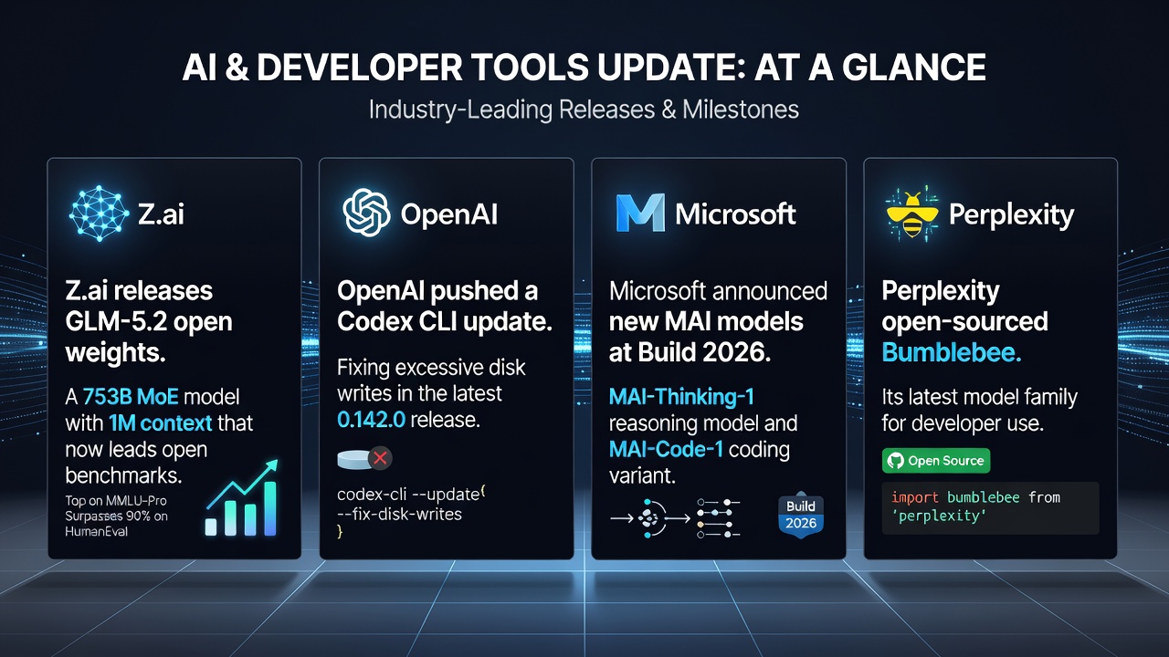 Illustration of frontier AI model releases: Z.ai GLM-5.2 753B MoE, Perplexity Bumblebee, Microsoft MAI-Thinking-1 and MAI-Code-1, plus OpenAI Codex CLI fixes for developers.