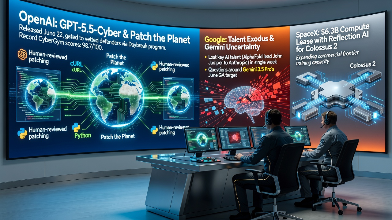 OpenAI launches GPT-5.5-Cyber achieving record CyberGym scores alongside Patch the Planet open-source security initiative amid Google AI talent losses and SpaceX compute expansion