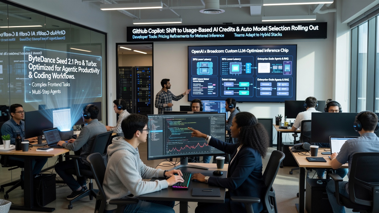 AI developer news collage highlighting ByteDance Seed 2.1 Pro and Turbo agent models, OpenAI-Broadcom LLM inference chip, GitHub Copilot usage-based credits, and productivity workflow updates.