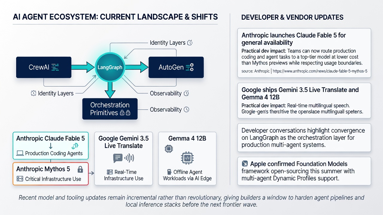 Hero image depicting LangGraph as the dominant orchestration framework for multi-agent AI systems in 2026, integrating models from Anthropic Claude, Google Gemini, and Apple Foundation Models for developer workflows.