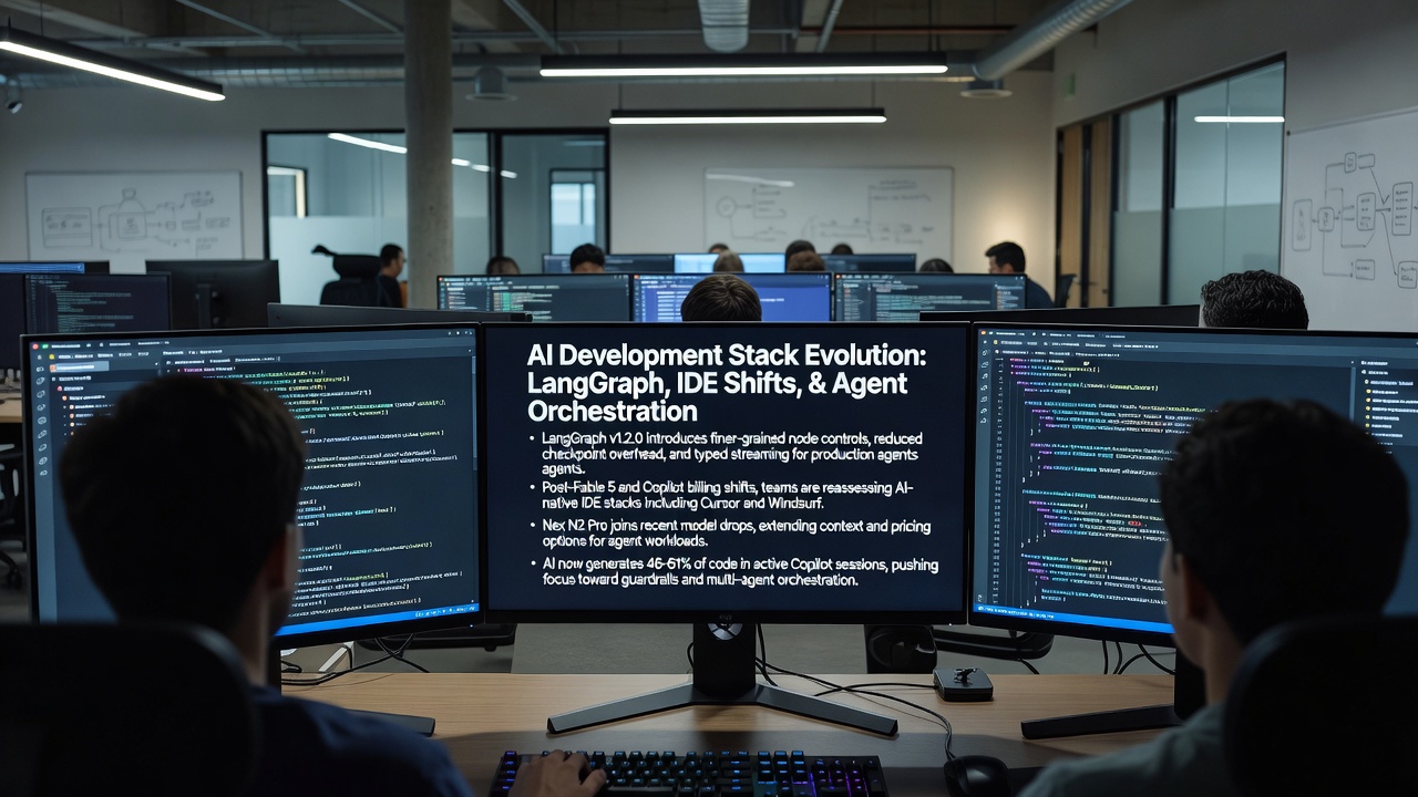 Visual overview of LangGraph v1.2.0 refinements for production agents, featuring node controls, checkpoint optimizations, and typed streaming alongside IDE stack changes and new AI model releases.