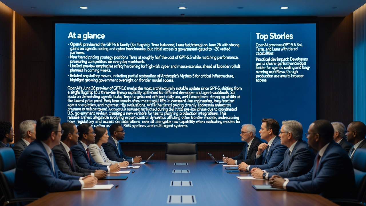OpenAI GPT-5.6 family preview featuring Sol flagship, Terra balanced, and Luna fast models optimized for agentic coding, cyber benchmarks, and tiered enterprise pricing
