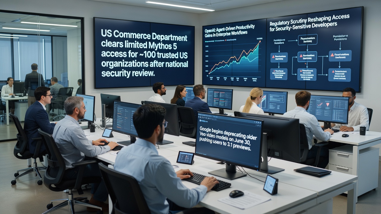 US regulatory shifts grant limited Mythos 5 access to trusted organizations while Google deprecates older Veo models and OpenAI research shows agent-driven enterprise gains.